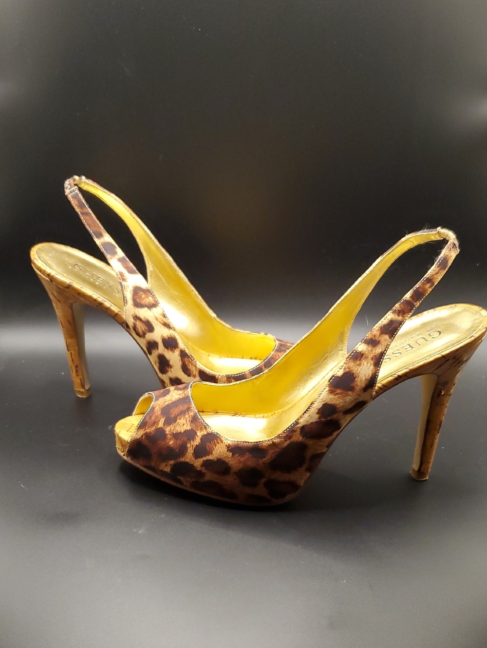Vintage Guess Leopard-Print Slingback Peep-Toe Heels in Brown and Gold